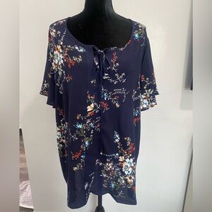 Floral Blue Front Tie Blouse 3XL